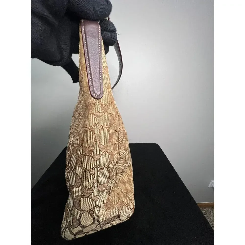 Coach F55365 Signature Canvas Zip Hobo Shoulder Bag Khaki Brown Leather Trim